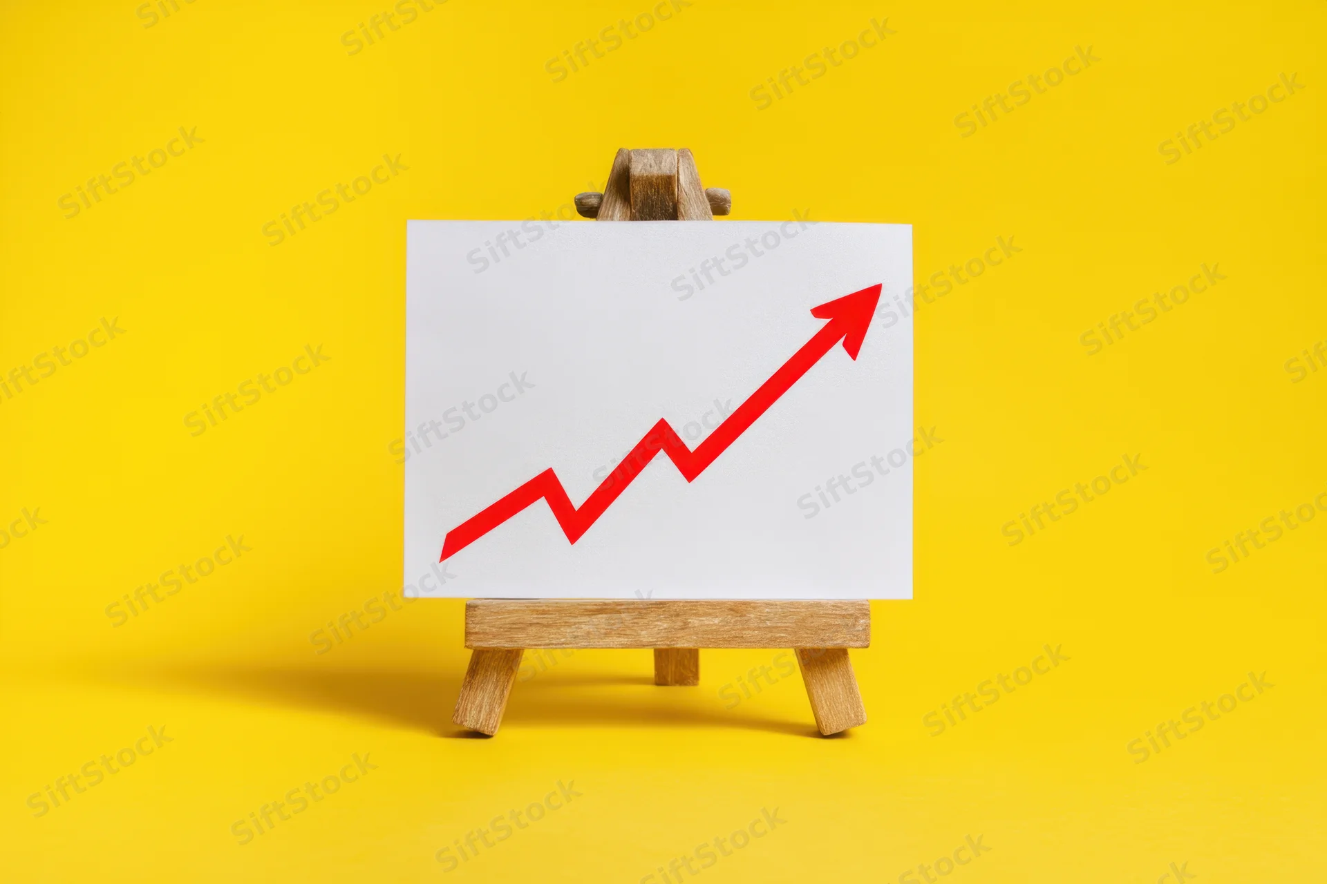 Small wooden easel displaying white board with red upward arrow on yellow background