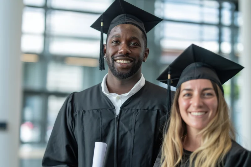 Smiling male and female graduates in caps and gowns holding diploma indoors