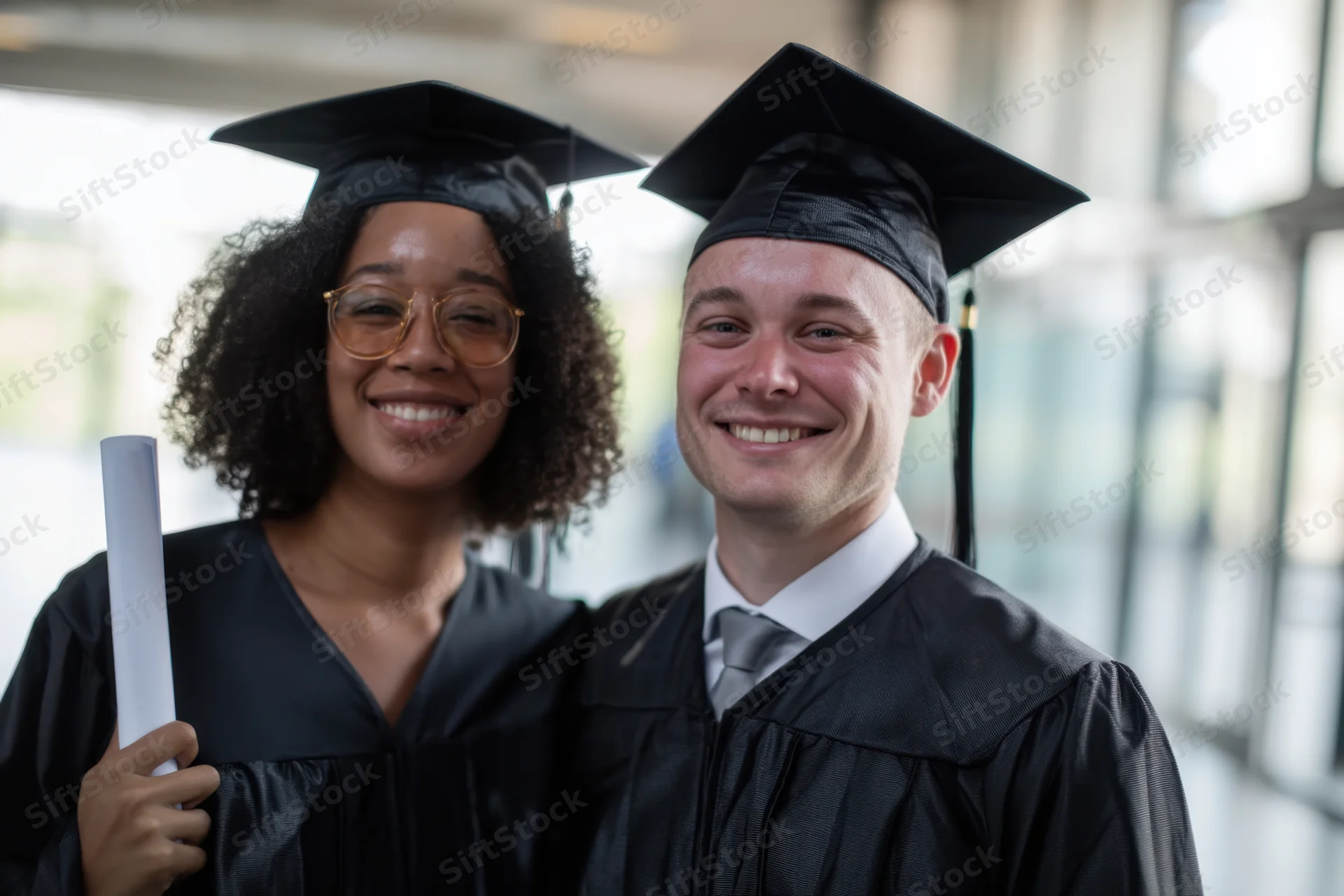 Smiling male and female graduates in caps and gowns holding diploma indoors