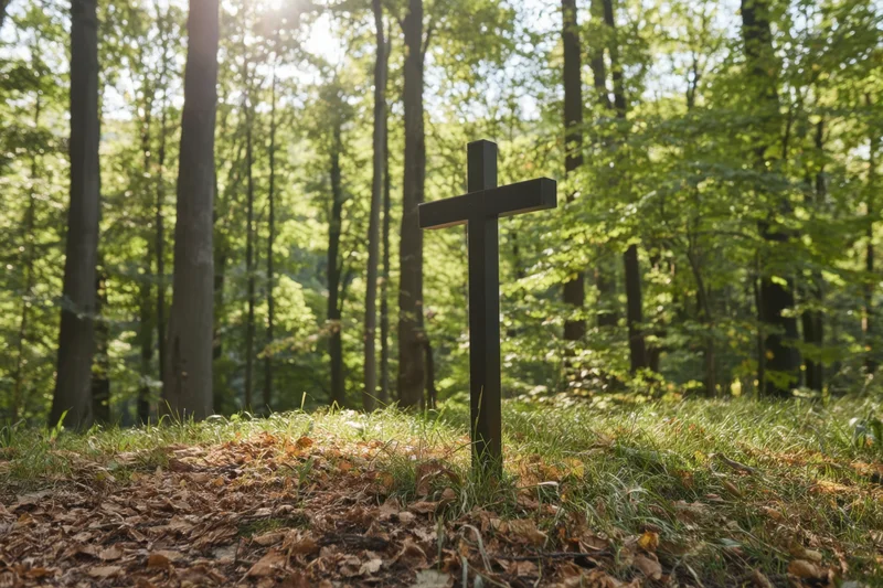 Black cross standing in a forest clearing covered with autumn leaves and grass
