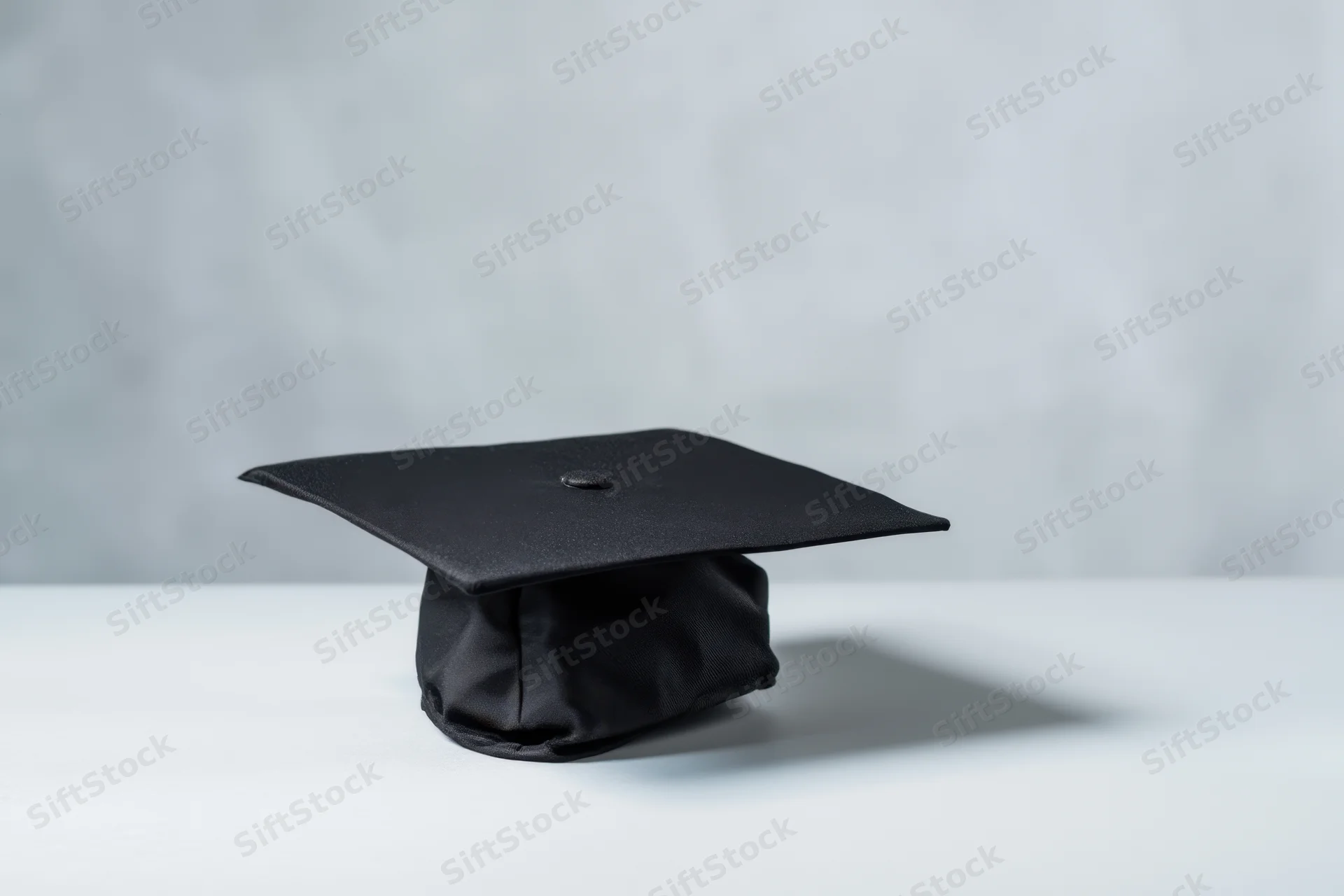 Black graduation cap resting on a white surface against a gray background