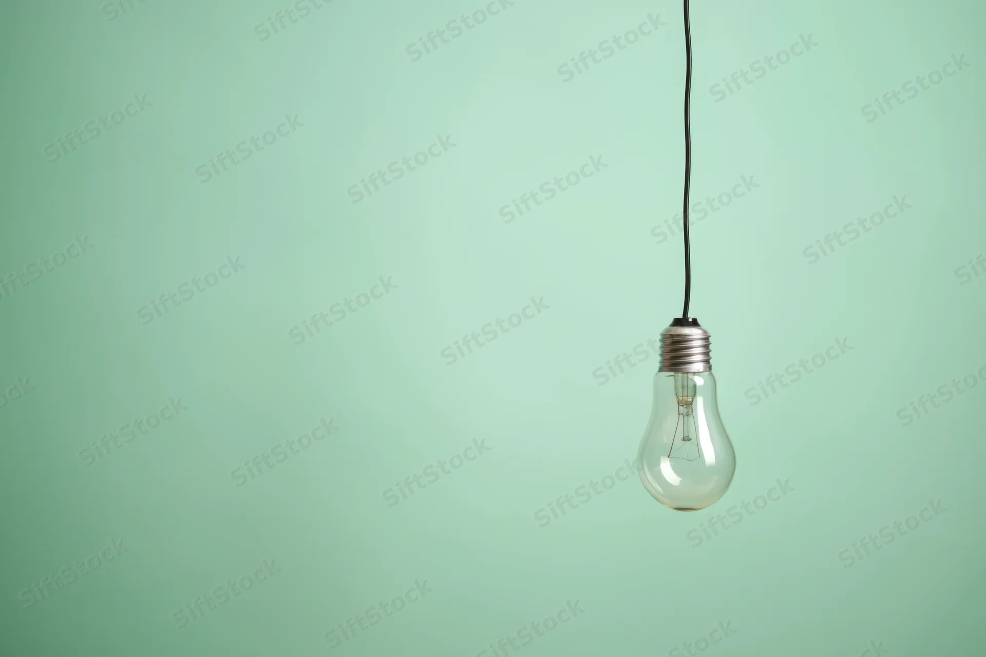 A single lightbulb hanging from a thin black cord against a plain green background
