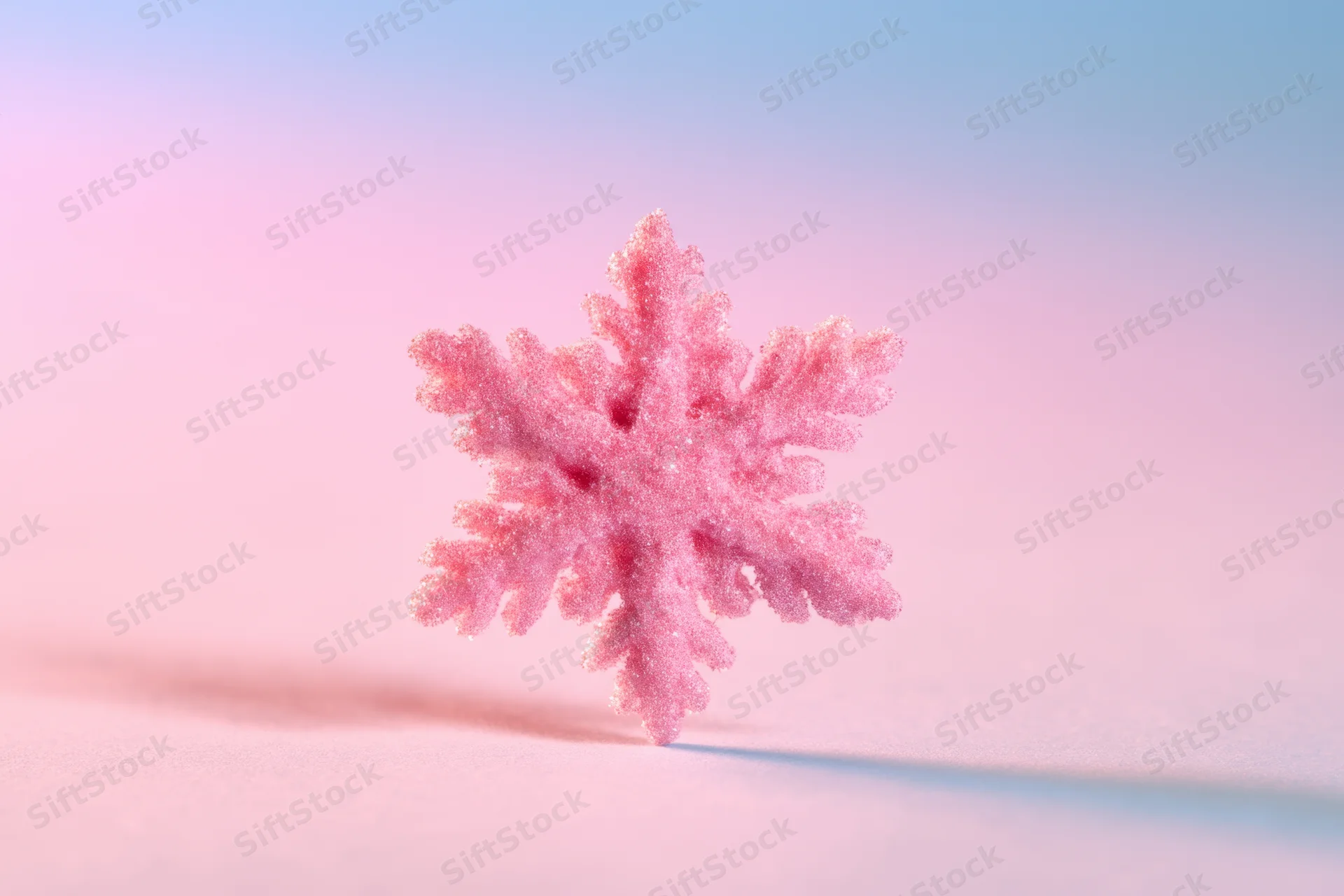A sparkling pink snowflake resting on a soft gradient surface with copyspace