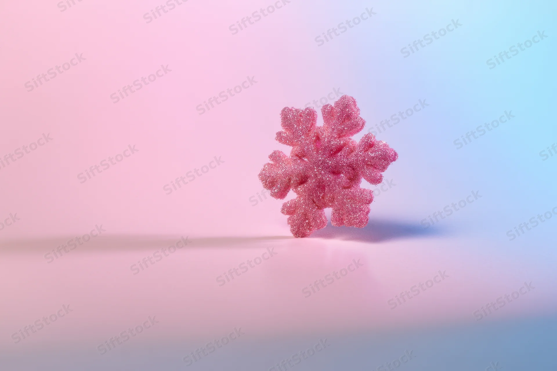 A sparkling pink snowflake decoration resting on a soft pastel gradient background with copyspace