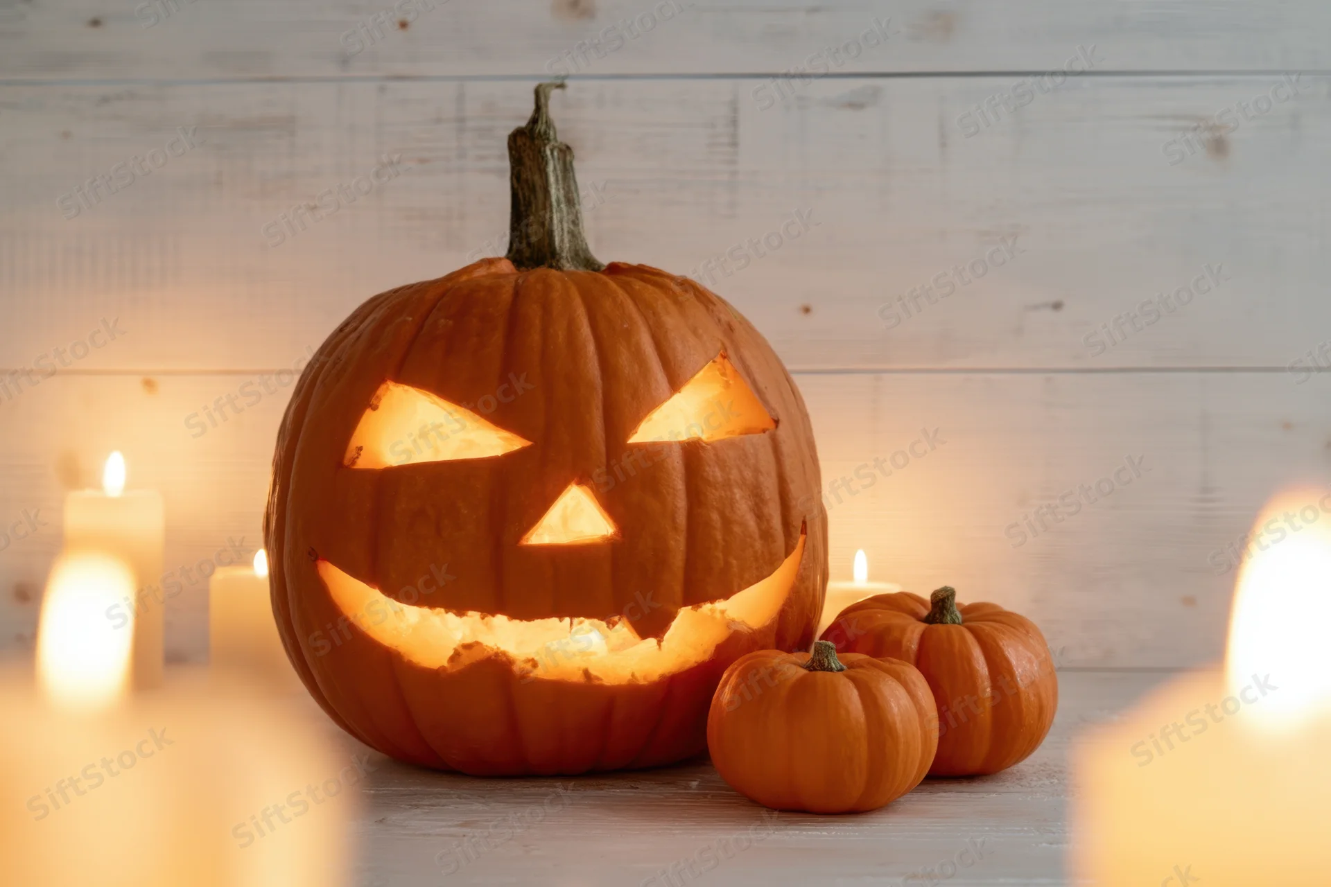 Carved pumpkin with glowing face and candles on wooden surface