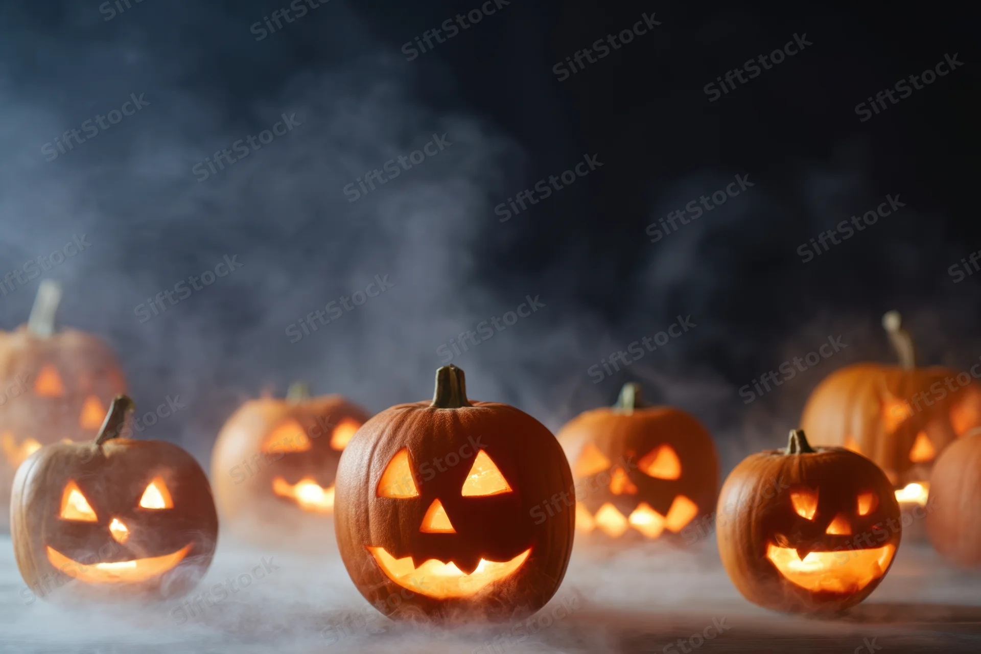 Glowing carved pumpkins arranged in a smoky dark setting for halloween decoration