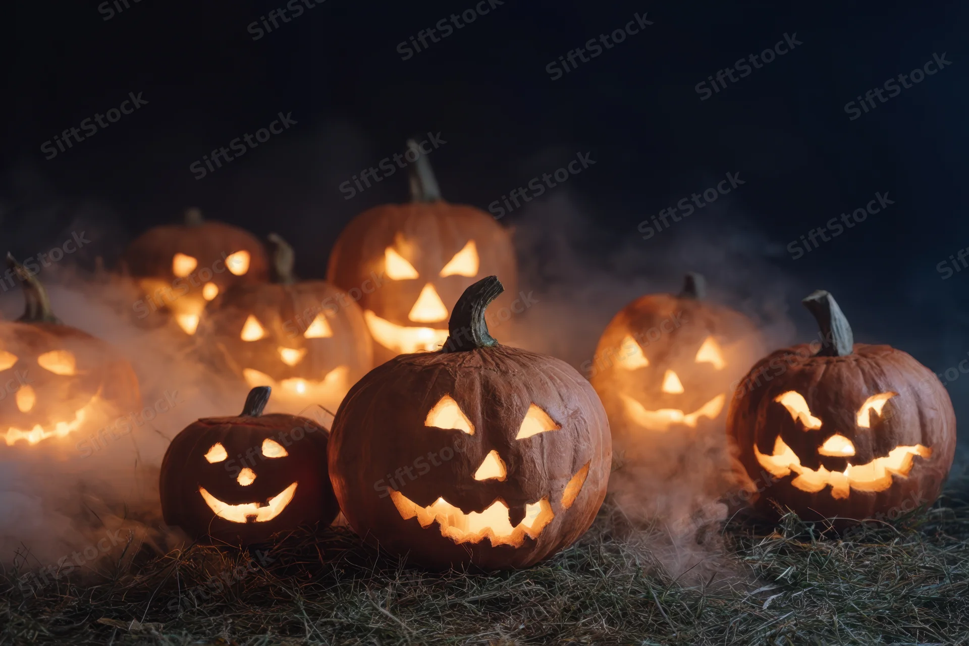 Glowing jack-o-lanterns arranged on hay with smoke in dark setting