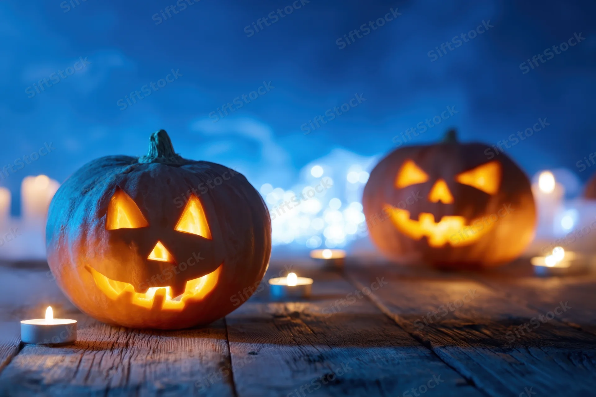 Two carved pumpkins glowing with candles on a wooden table at night