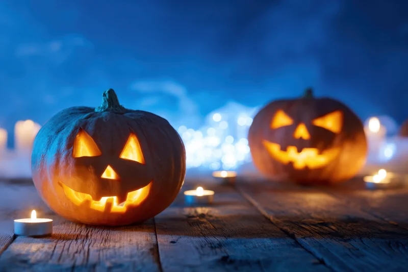 Two carved pumpkins glowing with candles on a wooden table at night