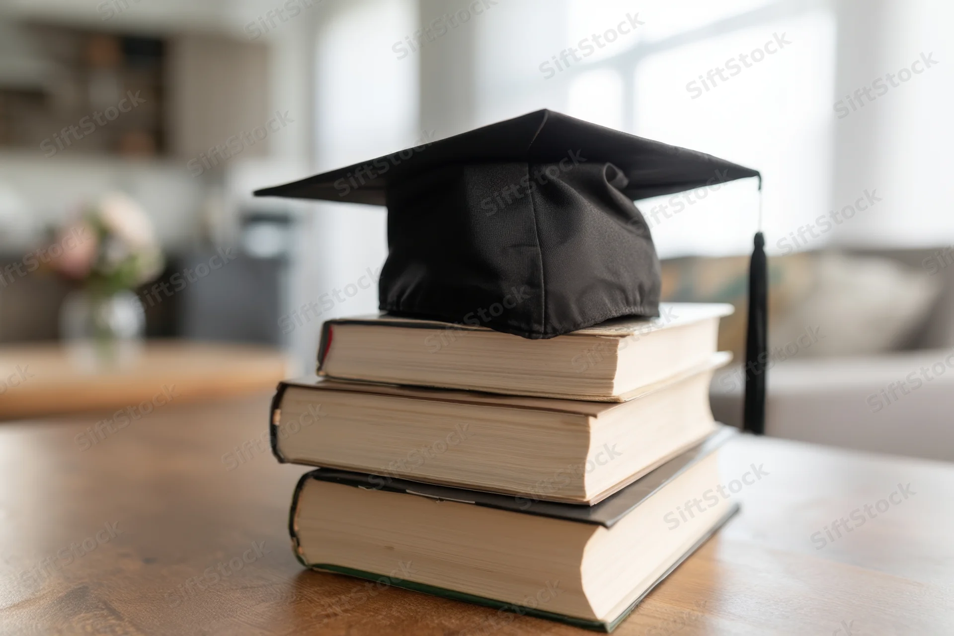 Graduation cap resting on a stack of books on a wooden table in a living room