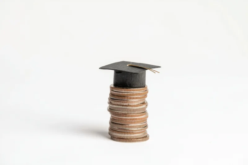 Stack of coins topped with a small graduation cap on white background