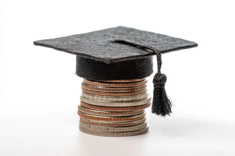 A graduation cap resting on a stack of coins on a white surface