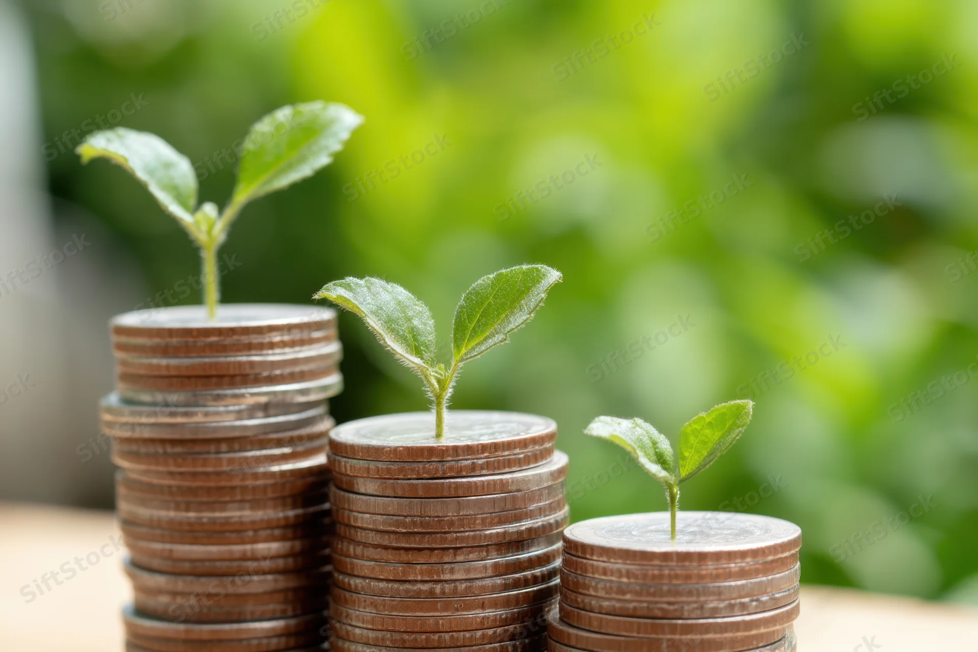 Stacks of coins with small green plants sprouting from the top on a wooden surface with blurred green foliage background