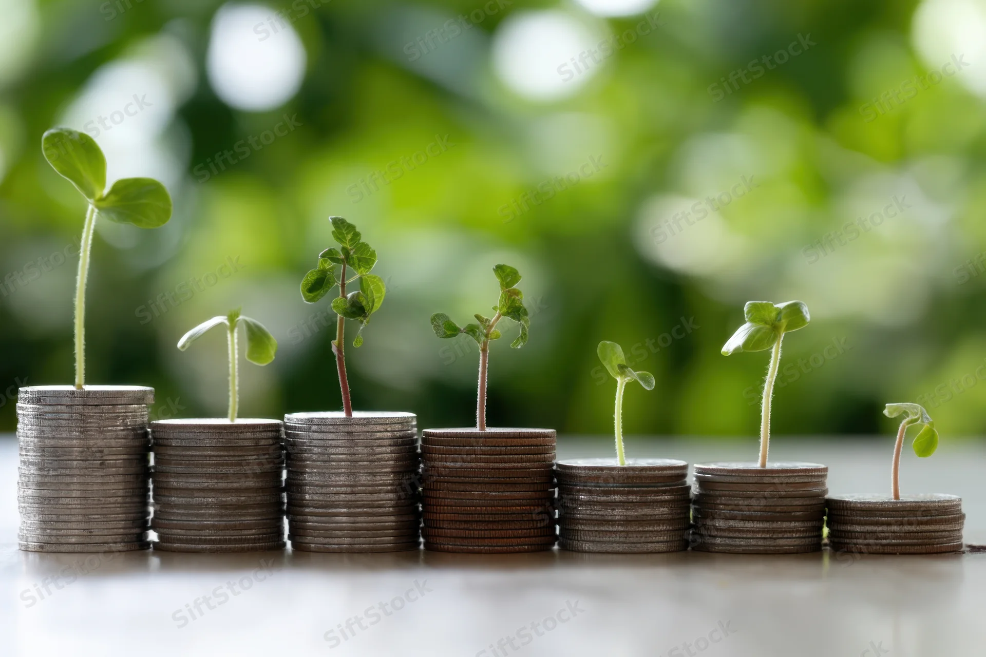 Stacks of coins with small green plants sprouting from each, arranged in a row on a wooden surface with blurred green foliage in the background