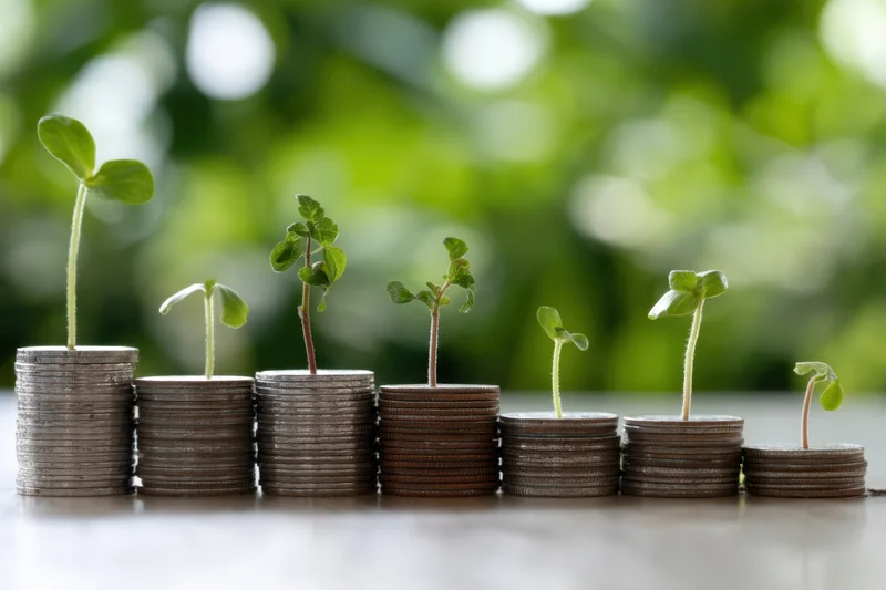 Stacks of coins with small green plants sprouting from each, arranged in a row on a wooden surface with blurred green foliage in the background