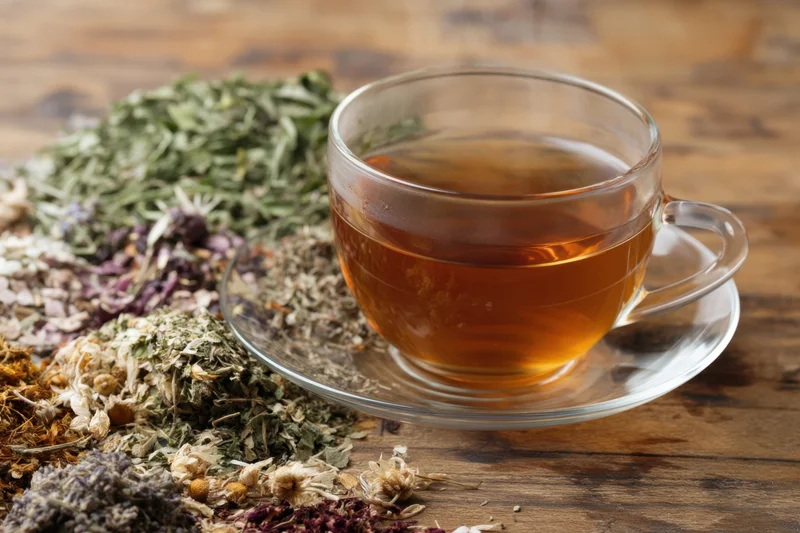 Steaming cup of herbal tea on glass saucer surrounded by dried herbs on wooden table