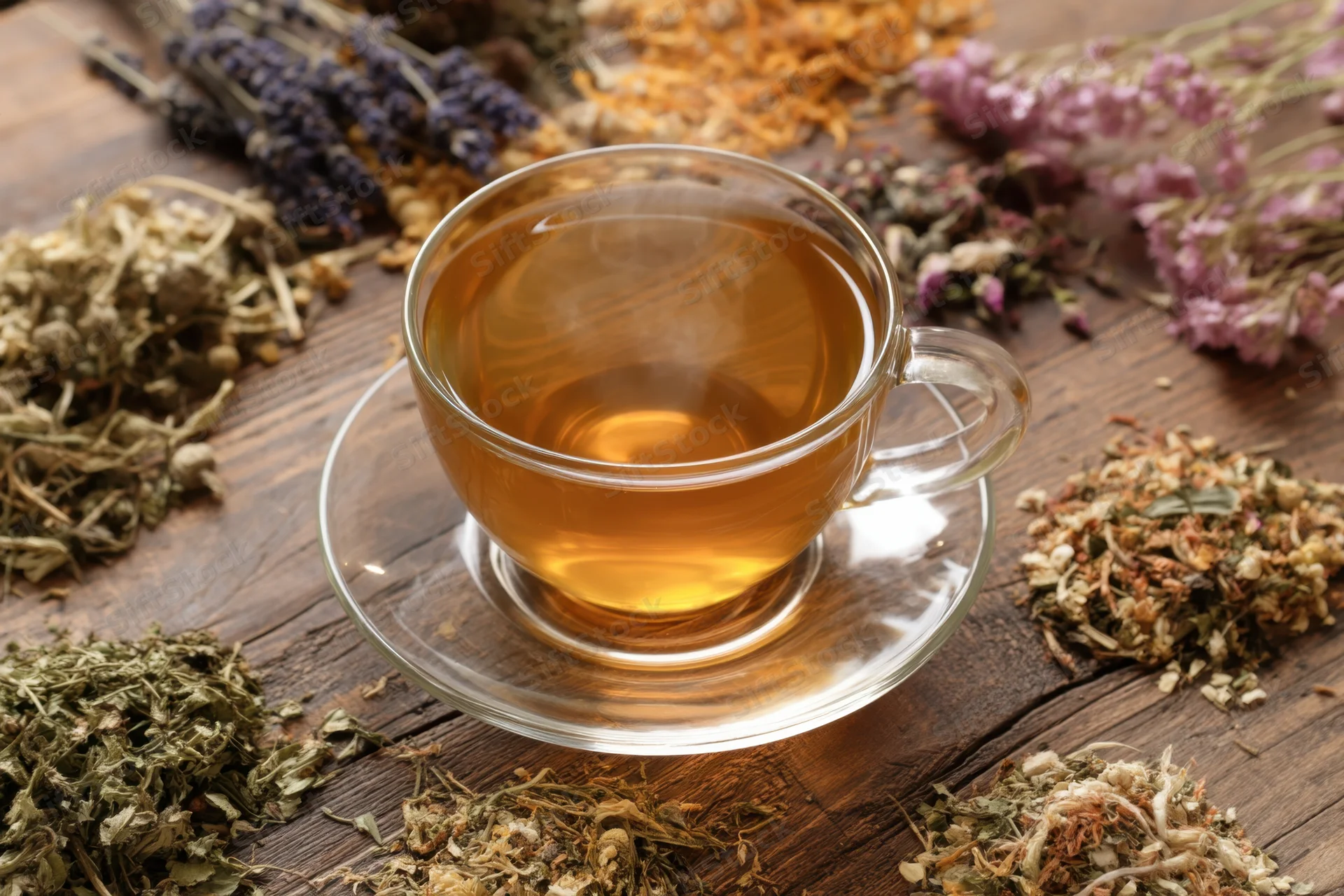 Steaming cup of herbal tea on glass saucer surrounded by dried herbs on wooden table