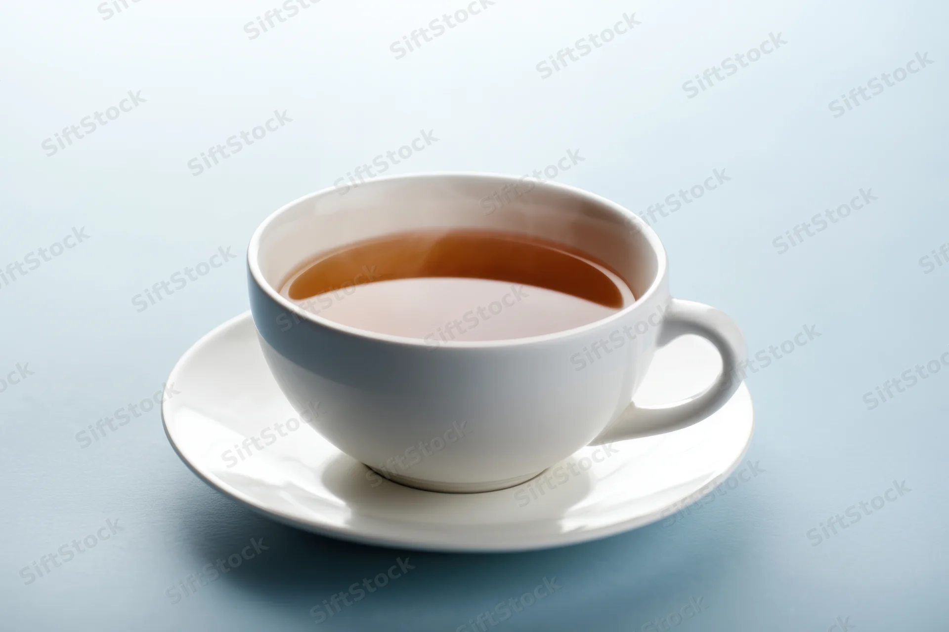 Steaming cup of tea on a white saucer against a light blue surface