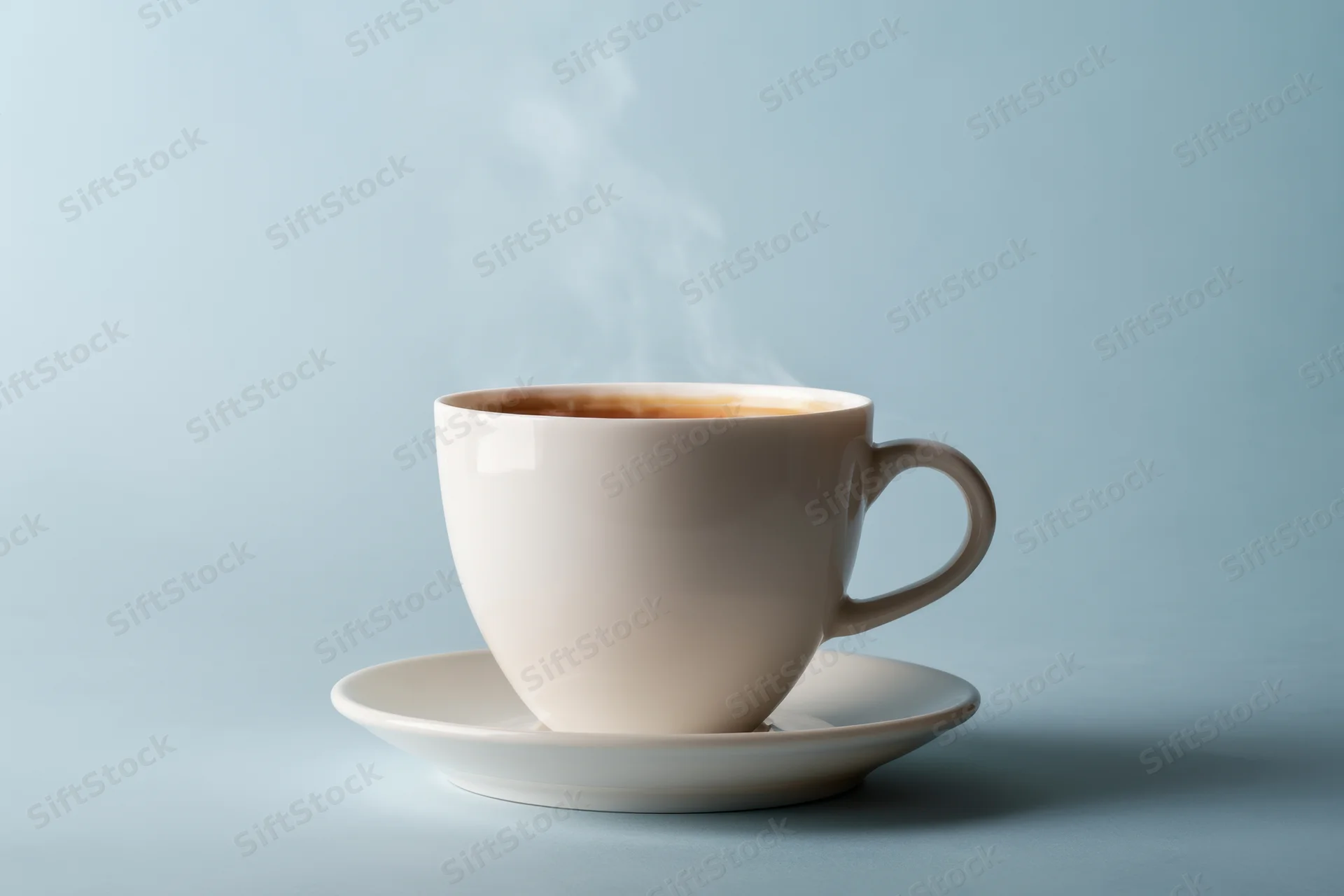 Steaming cup of tea on a white saucer against a light blue background