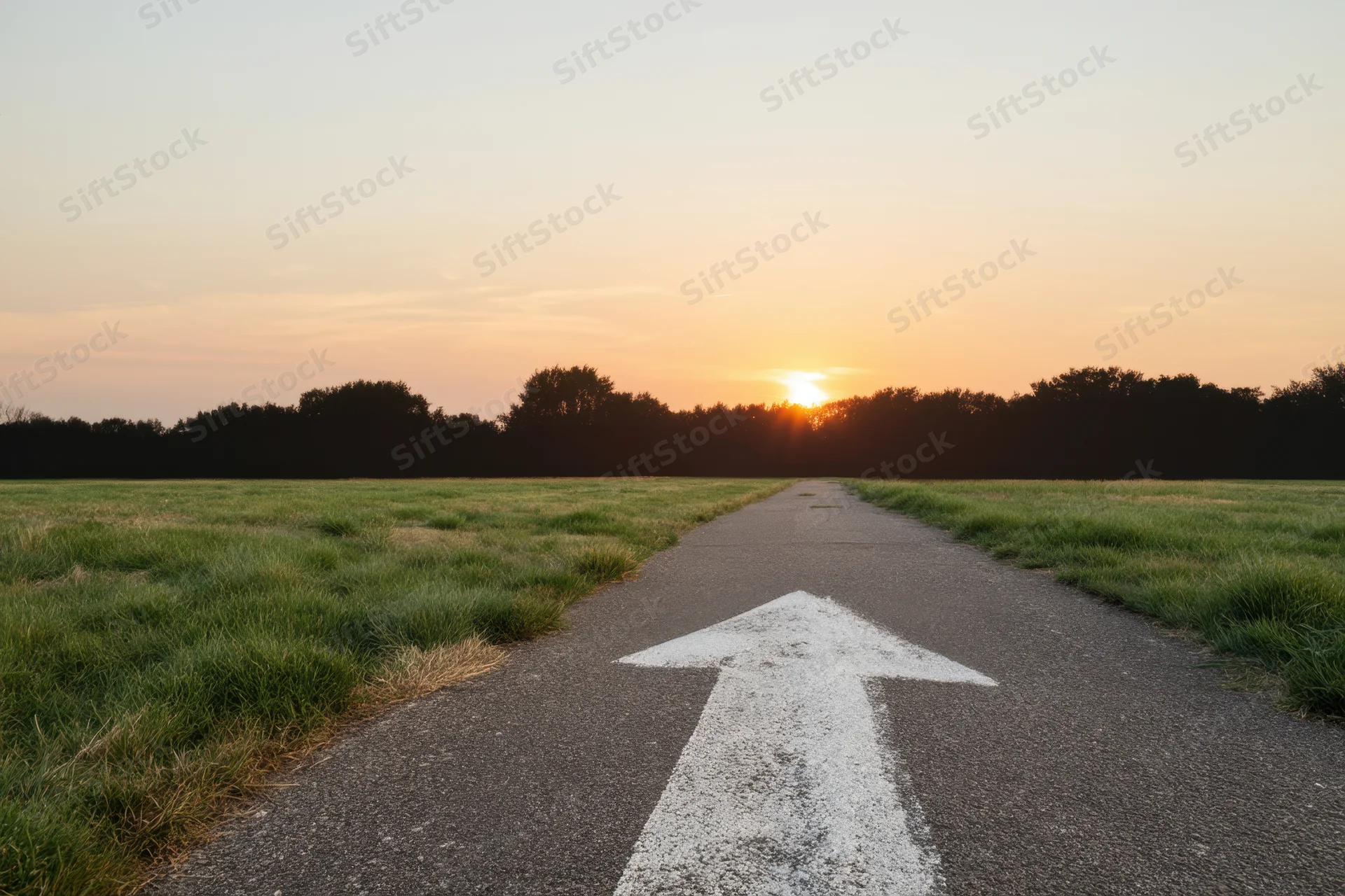 Straight asphalt road with white arrow pointing toward sunset over tree-lined horizon in open grassy field