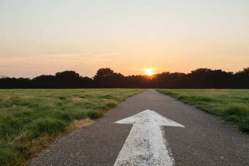 Straight asphalt road with white arrow pointing toward sunset over tree-lined horizon in open grassy field