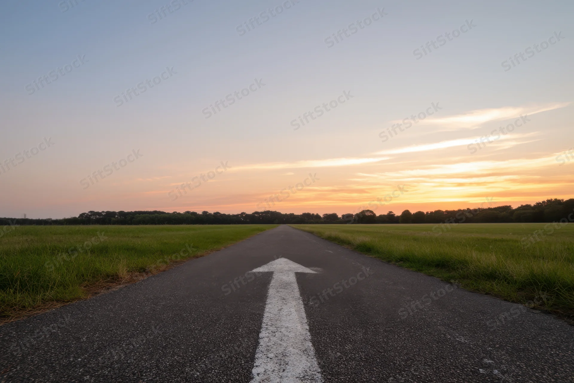 Straight asphalt road with white arrow pointing forward through grassy field toward sunset horizon