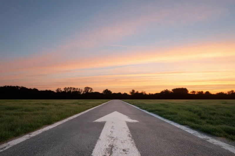 Straight asphalt road with white arrow pointing toward sunset over grassy field and tree line