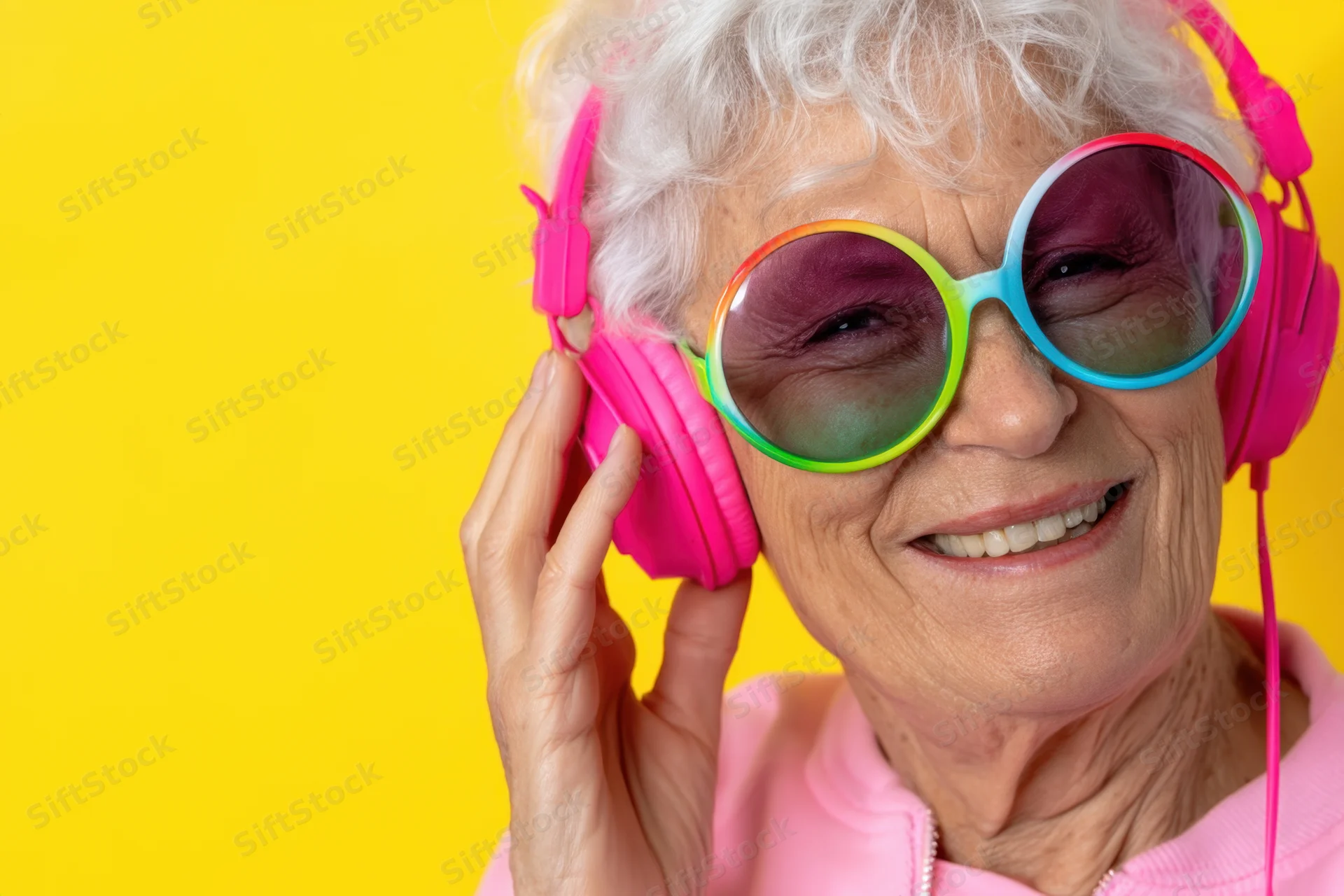 Smiling senior woman wearing pink headphones and colorful sunglasses against yellow background