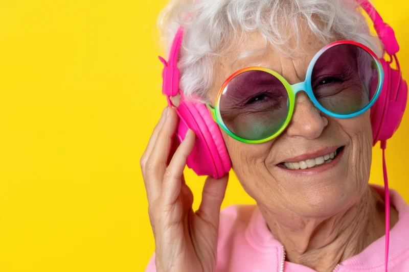 Smiling senior woman wearing pink headphones and colorful sunglasses against yellow background