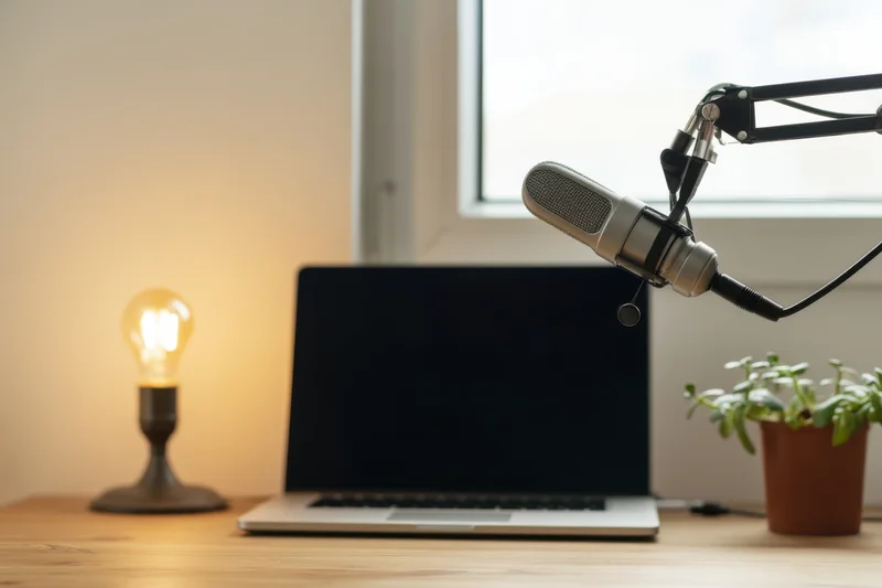 Microphone on boom arm positioned over laptop on wooden desk near window with plant and vintage bulb lamp