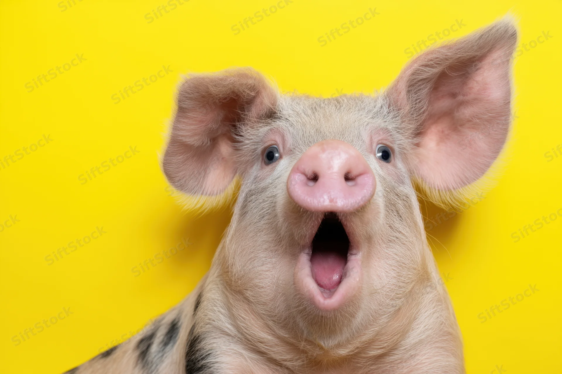 Surprised pig with wide-open eyes and open mouth against yellow background