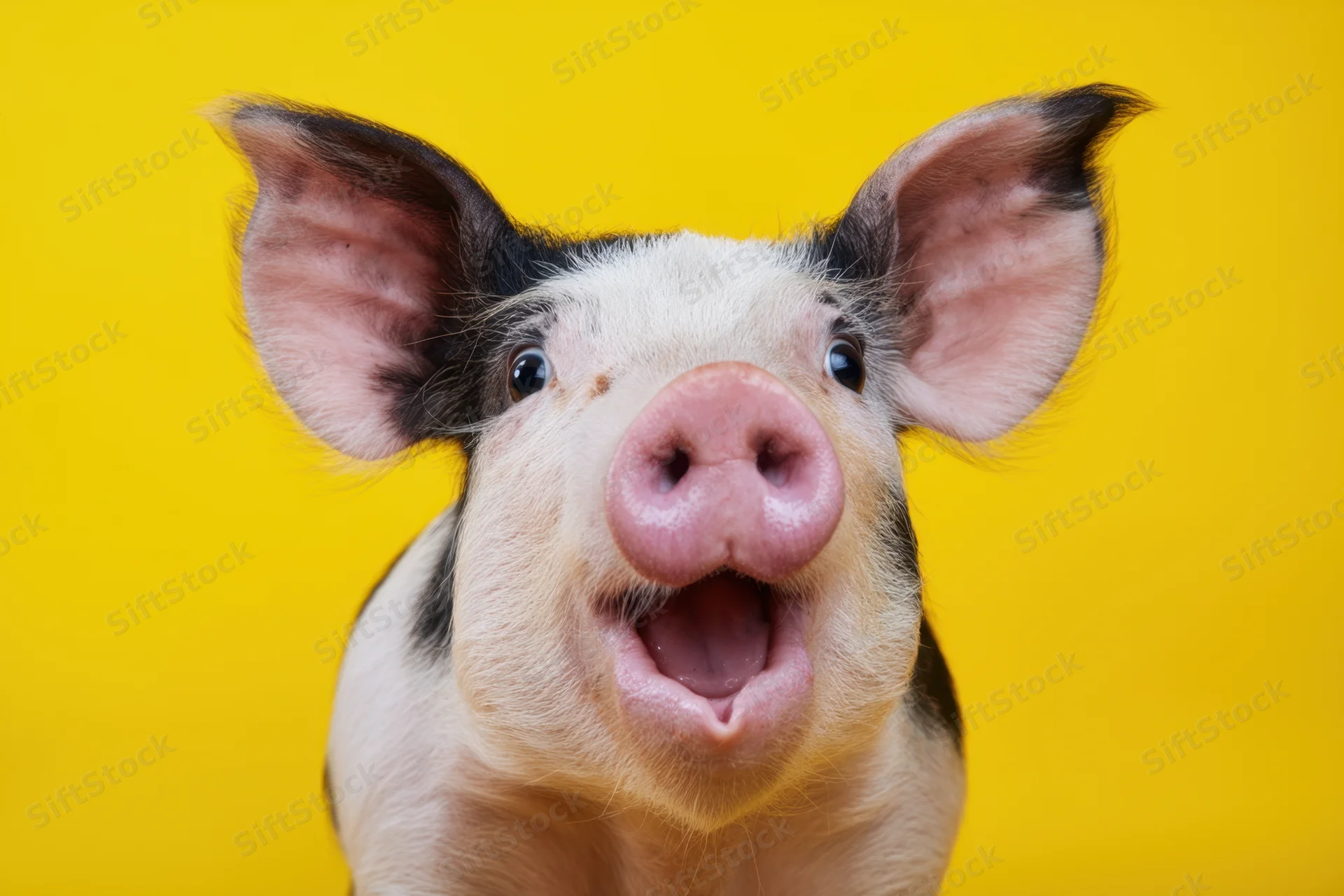 Closeup of a surprised pig with wide-open eyes and open mouth against a bright yellow background