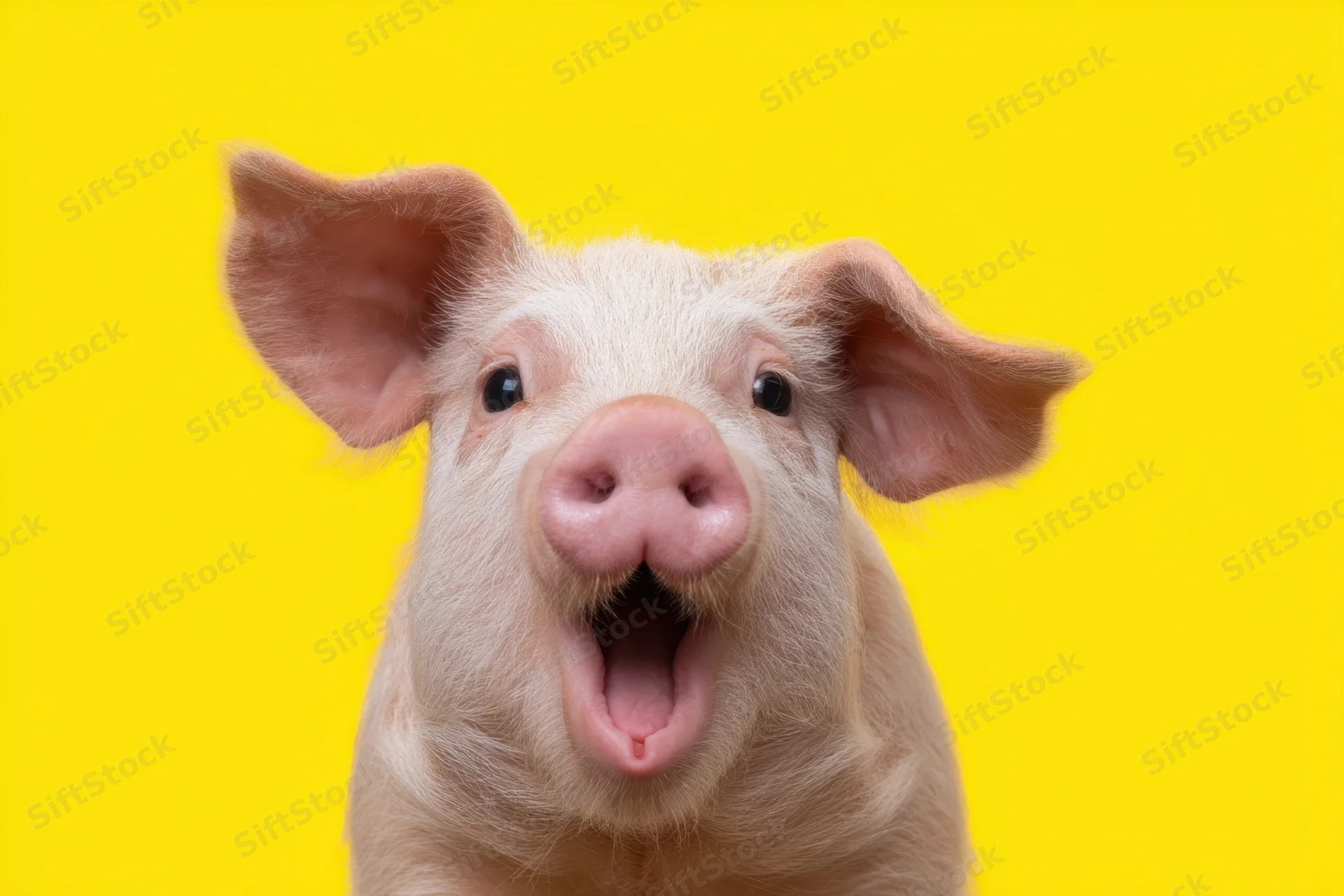 Surprised pig with wide-open eyes and open mouth against yellow background