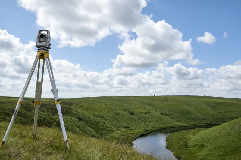 Surveying instrument on tripod overlooking grassy hillside with river and cloudy sky
