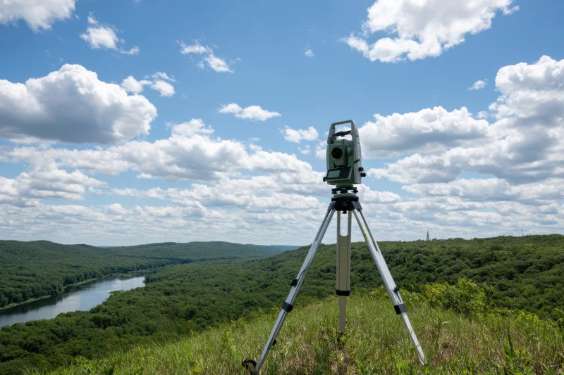 Surveying instrument on tripod overlooking forested valley with river under blue sky