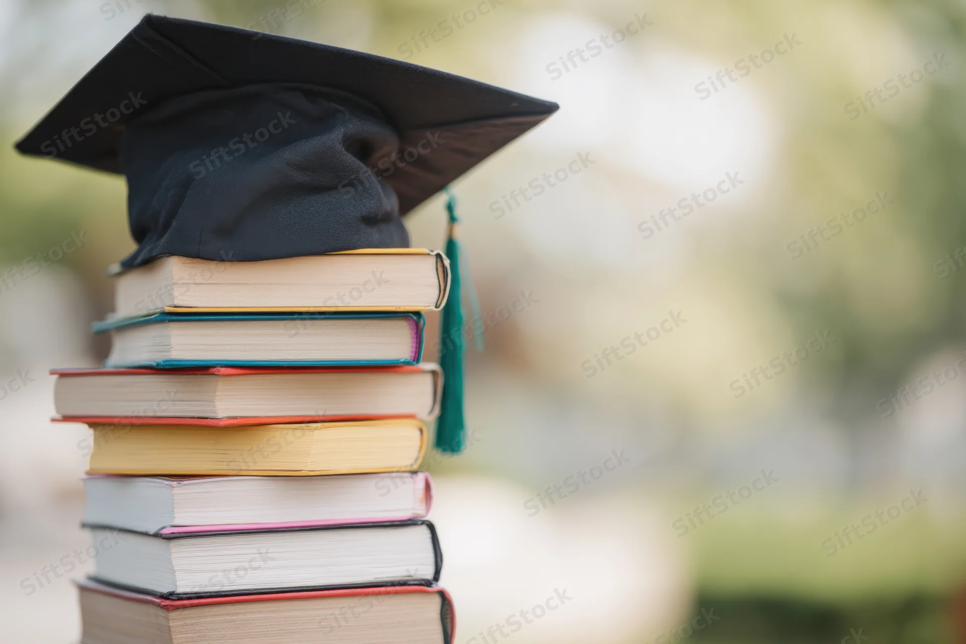Stack of colorful books topped with a graduation cap outdoors