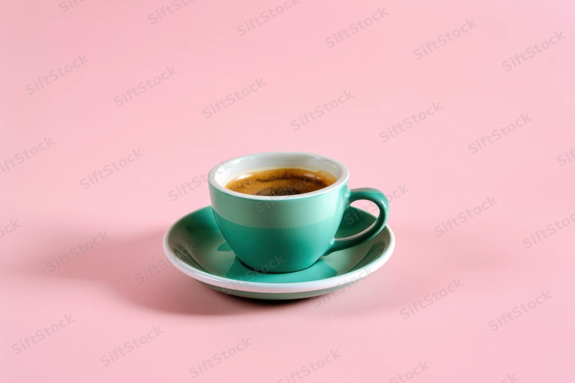 Teal coffee cup with saucer on pink background