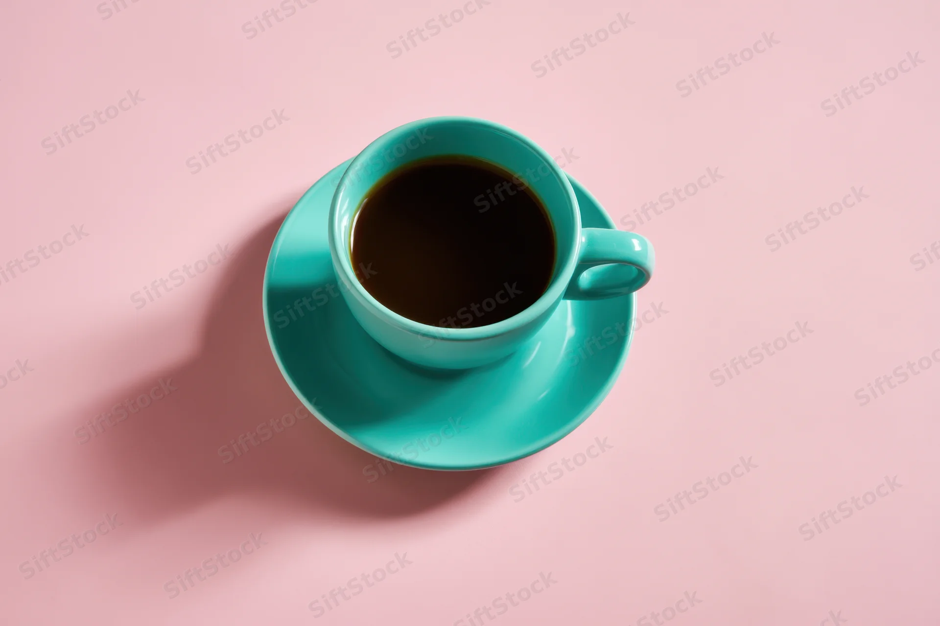 Teal coffee cup on matching saucer against pink background