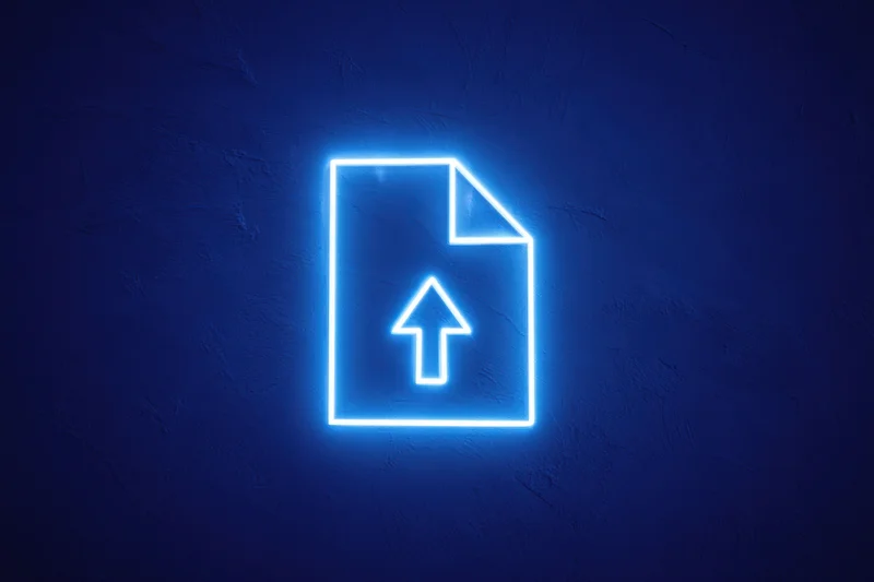 Glowing neon upload icon on textured dark blue background