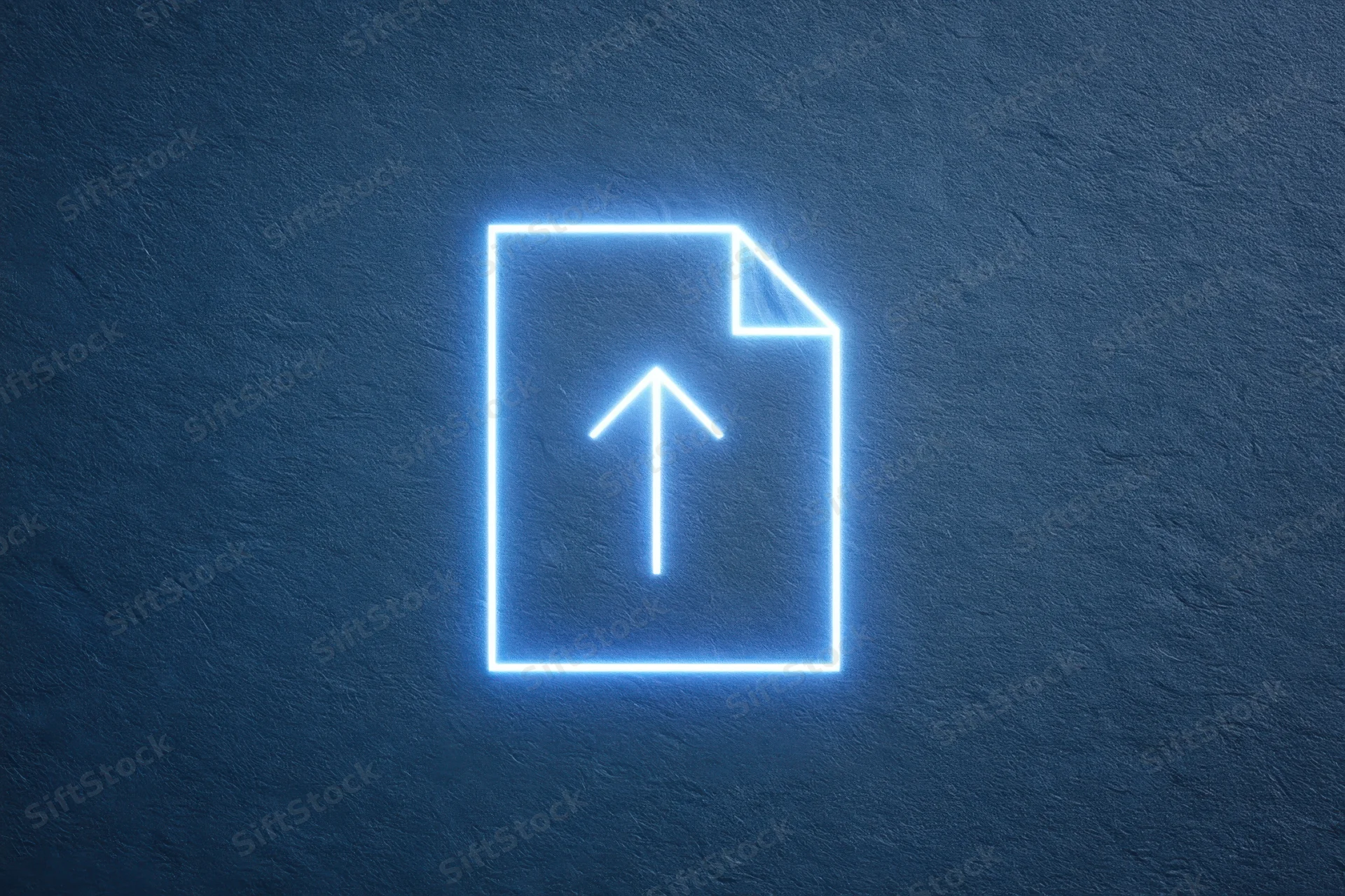 Glowing neon document icon with upward arrow on dark textured background