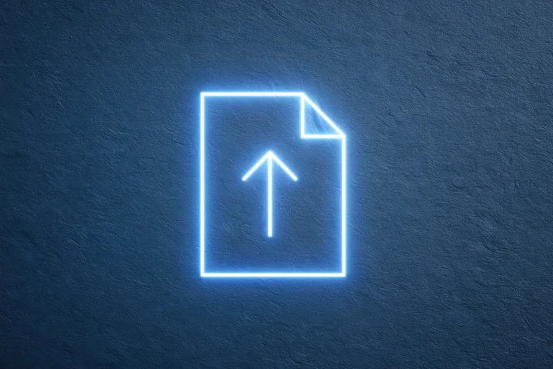 Glowing neon document icon with upward arrow on dark textured background