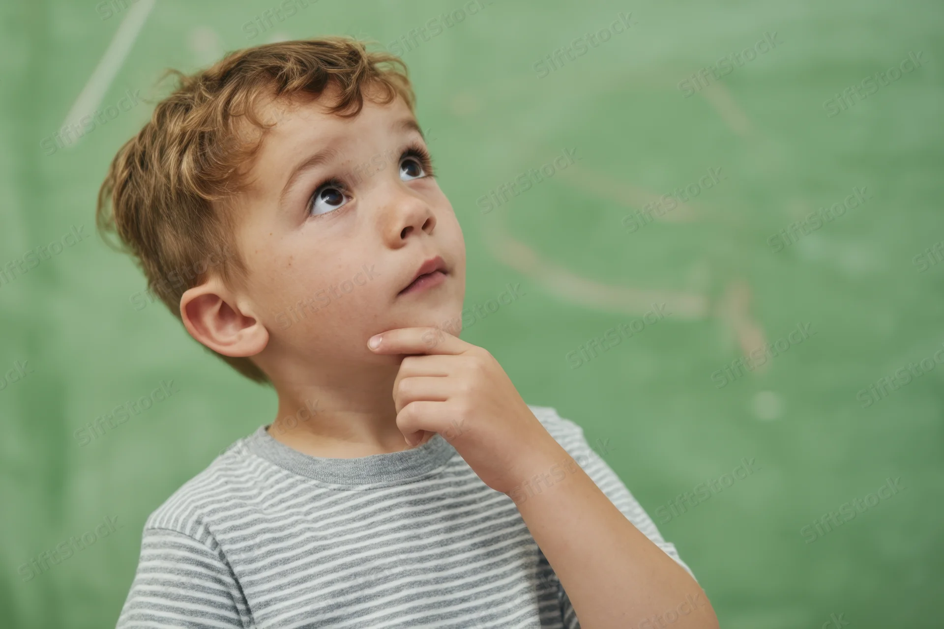 Young boy with hand on chin looking upward in classroom setting