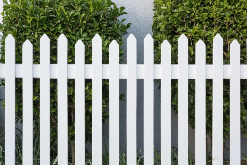 White picket fence in front of green hedge in a residential yard