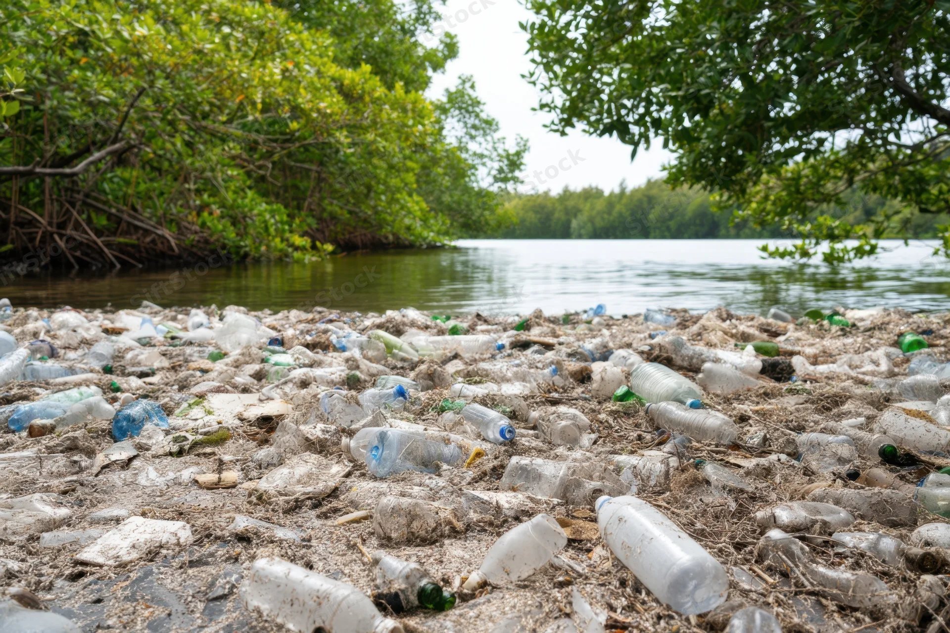 Plastic bottles and debris scattered across a muddy riverbank near mangrove trees