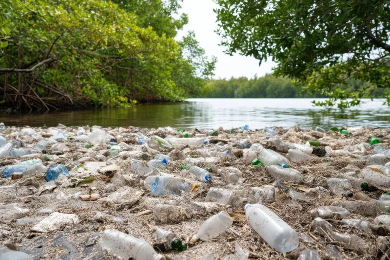 Plastic bottles and debris scattered across a muddy riverbank near mangrove trees