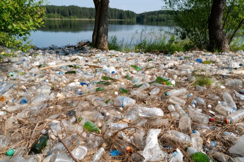 Plastic bottles and glass litter covering a lakeshore among trees and dry grass