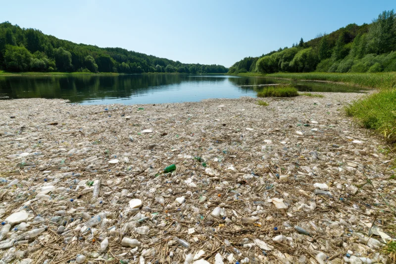Plastic waste covering a river shoreline with scattered bottles and glass fragments among pebbles and vegetation