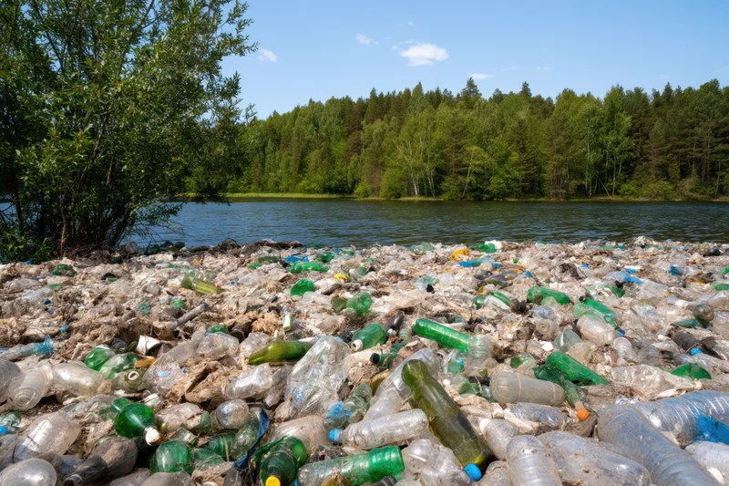 Plastic bottles and debris covering a lakeshore near a forested area
