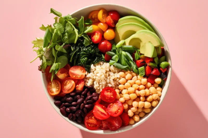 A colorful bowl of plant-based salad with chickpeas, black beans, quinoa, avocado, tomatoes, and greens on a pink background
