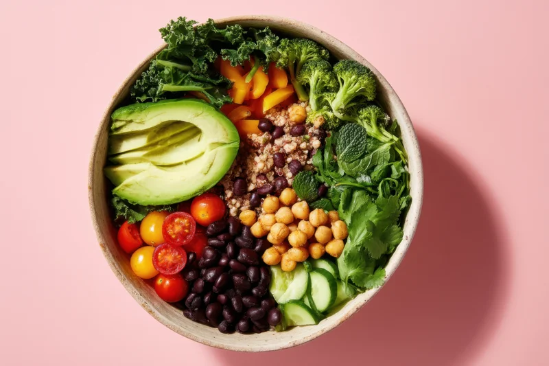 A bowl of mixed vegetables, legumes, grains and herbs arranged in sections on a pink surface